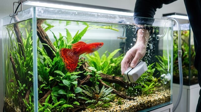 Man cleans vibrant red dragon guppy fish aquarium with magnetic cleaner, lush aquatic plants, driftwood, and clear water