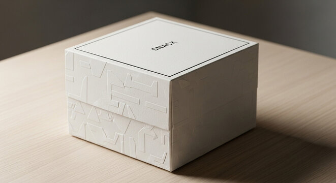 A square cardboard container featuring embossed geometric patterns rests upon a wooden surface inside a brightly illuminated room, showcasing luxury packaging design concepts for premium