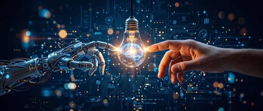 Human hand and robot arm reaching towards a glowing light bulb with a brain inside, symbolizing artificial intelligence and human innovation connection