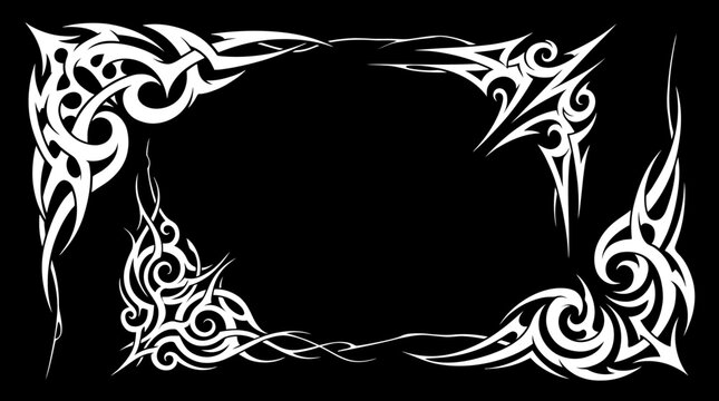 White tribal tattoo style corner frame ornaments isolated on black background for design