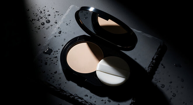 Open compact powder case lying on dark surface under dramatic studio lighting