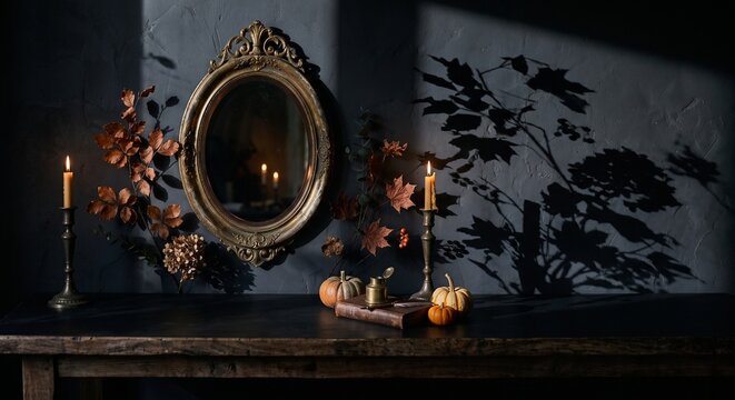 Elegant autumn vanity arrangement with antique mirror and pumpkins on a dark wooden table