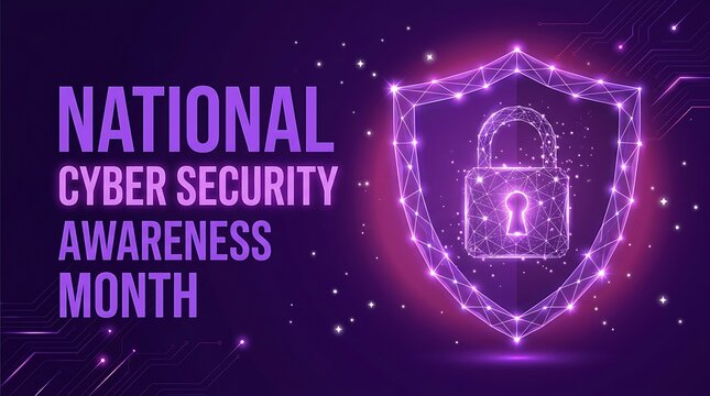National cyber security awareness month with purple glowing shield and lock symbolizing protection and digital safety.