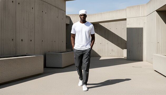 Man wearing blank white docker hat walking near a brutalist concrete park