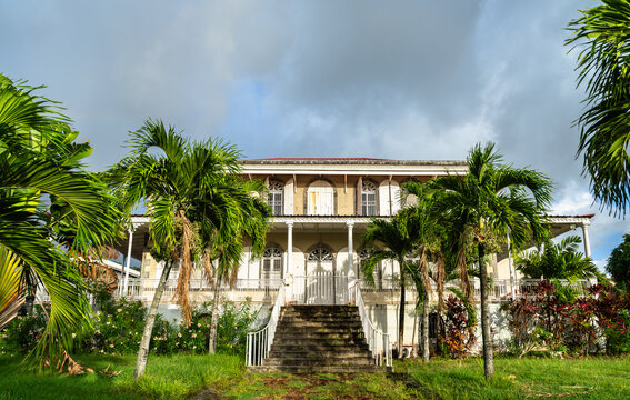 Historic colonial style mansion surrounded by lush tropical palm trees under a cloudy sky in Roseau, Dominica, Caribbean.