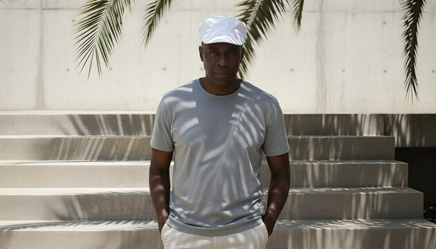 Middle aged African man wearing blank white docker hat stands on minimalist concrete steps
