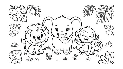 Obraz premium Cute Cartoon Jungle Animals Lion Elephant and Monkey Vector, Kawaii Baby Safari Animals Coloring Page