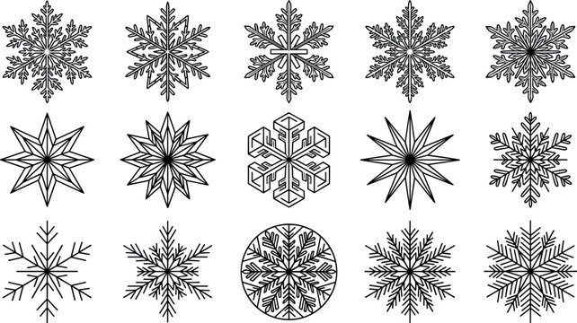 Intricate mandala snowflake silhouette vector icon bundle featuring geometric crystal ice stars for festive Christmas winter holiday craft decorations