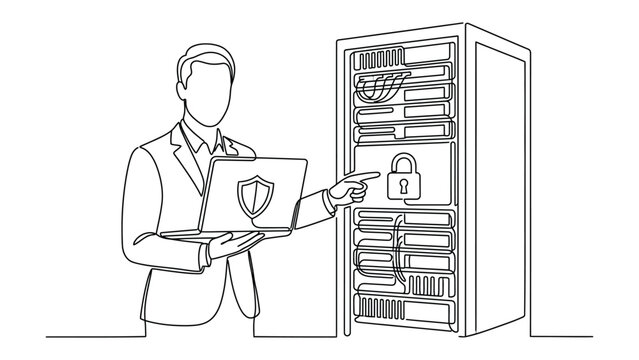 Continuous line drawing of a cybersecurity expert managing a secure server rack.
