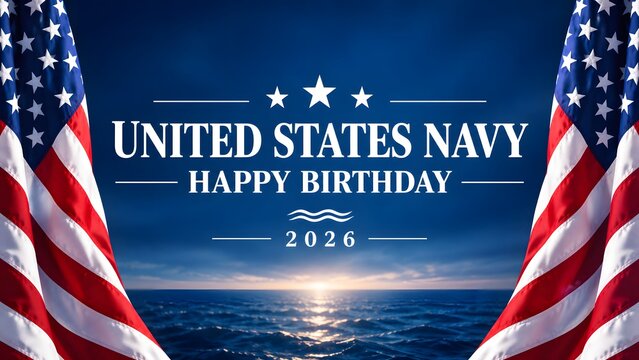 United states navy birthday is celebrated with waving american flags and a beautiful ocean