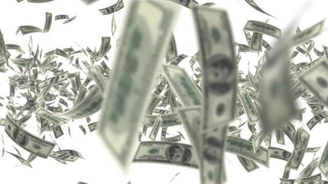Flying dollars banknotes motion isolated on a white background. 100 US banknotes falling Dollar banknotes.  