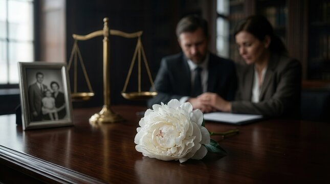 White flower resting on a wooden table with scales of justice and a family photo.
