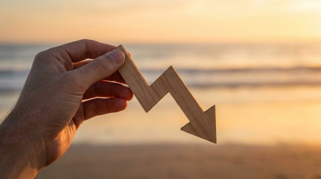 Hand holding a wooden downward arrow graph against a sunset beach background representing financial crisis.