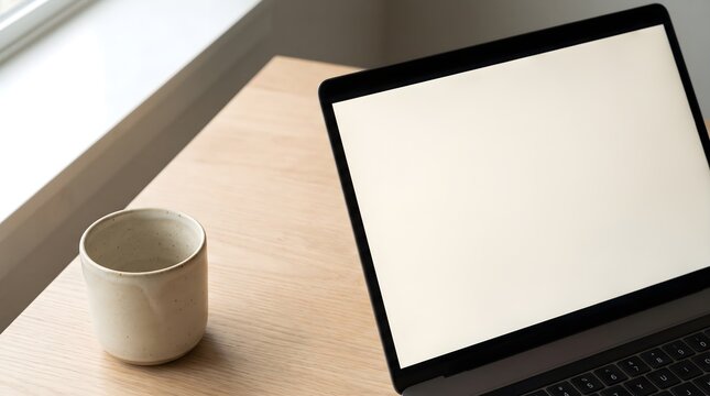 High angle close-up of modern laptop screen and ceramic mug representing digital lifestyle and productivity with copy space in natural light home office.