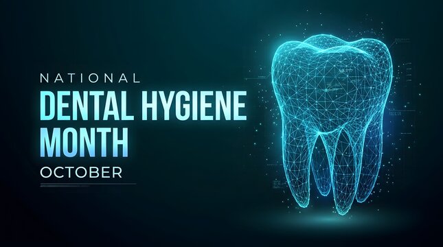 Dental hygiene month illustration with futuristic blue tooth and root system design