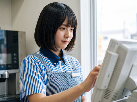 レジで接客をするコンビニエンスストアの若い女性店員