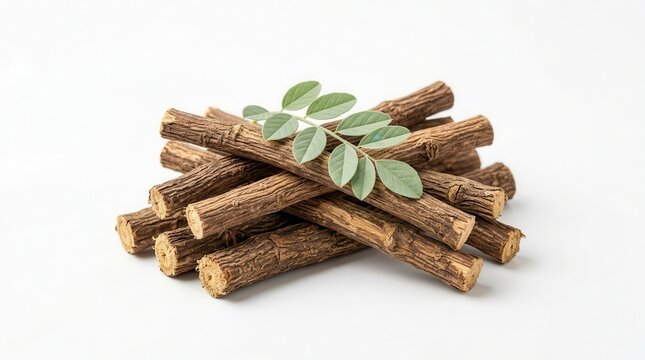 Organic licorice root herbs isolated on a white background.