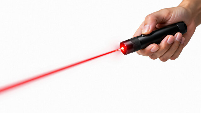 Hand holding black handheld laser pointer emitting red light beam isolated on white background