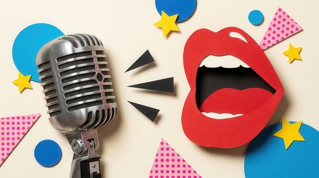 Vintage chrome microphone facing open red paper lips with stars and bold shapes.
