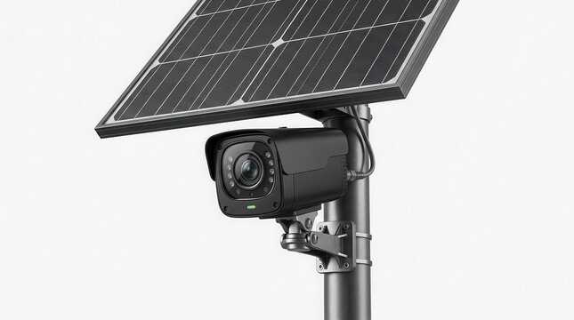AI surveillance camera equipped with solar panel monitoring a city street for license plates.