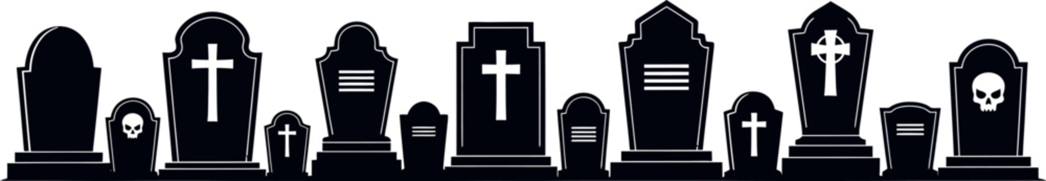 Spooky Halloween graveyard silhouette with tombstones, cemetery headstones with crosses and skulls, black gravestone border vector illustration