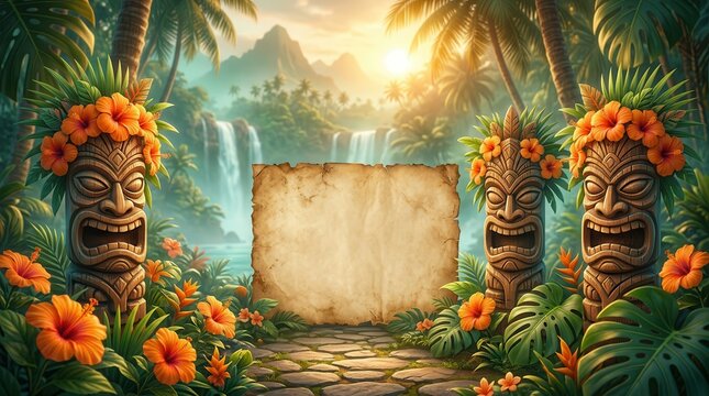 Tropical luau background with tiki statues and hibiscus flowers for summer party.
