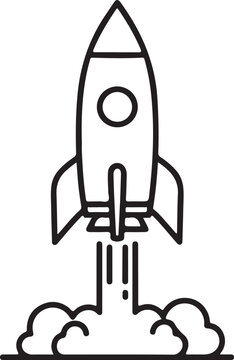Minimalist line art rocket launch, space travel icon design