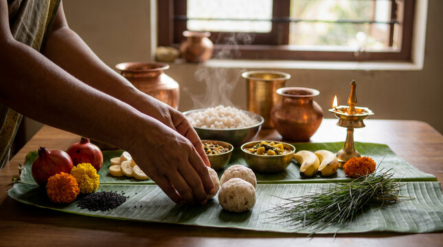Vegetarian offerings arranged for ancestral remembrance ritual