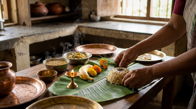 Preparing traditional Shraddha offerings for Pitru Paksha
