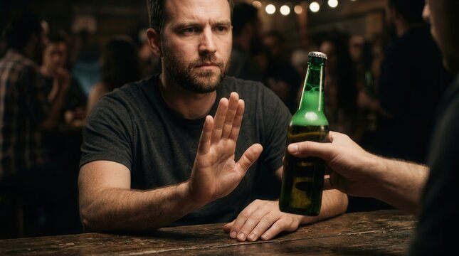 Caucasian man making a hand gesture to reject alcohol.