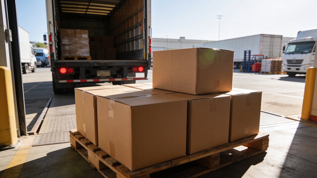 Stack of cardboard shipping boxes on a wooden pallet at a warehouse loading dock, ready for loading into a delivery truck under daylight.