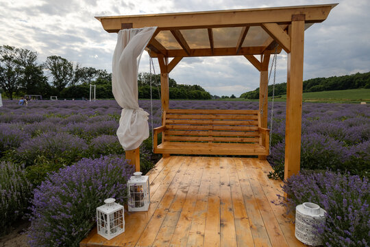 Cozy wooden gazebo in a Lavender field.  