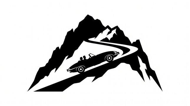 Mountain road with car silhouette and mountain peaks. Mountain landscape. 