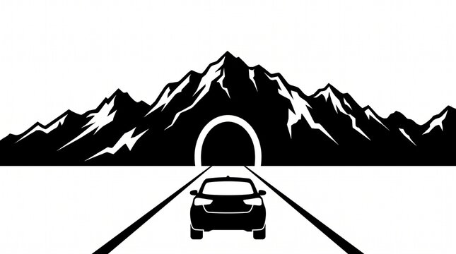 Mountain road with car silhouette and mountain peaks. Mountain landscape. 
