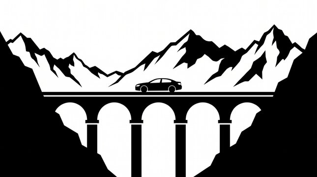 Mountain road with car silhouette and mountain peaks. Mountain landscape. 