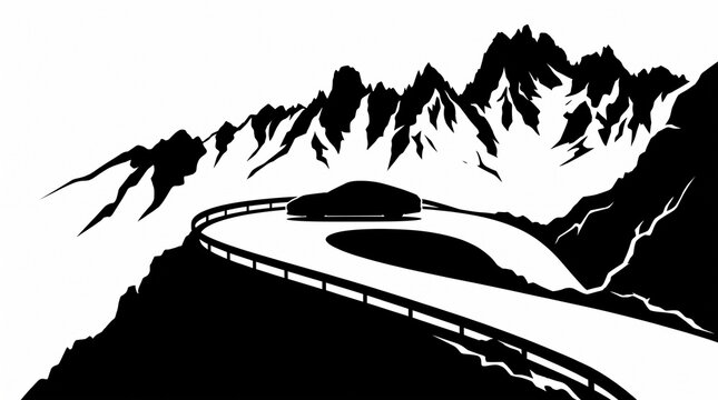 Mountain road with car silhouette and mountain peaks. Mountain landscape. 