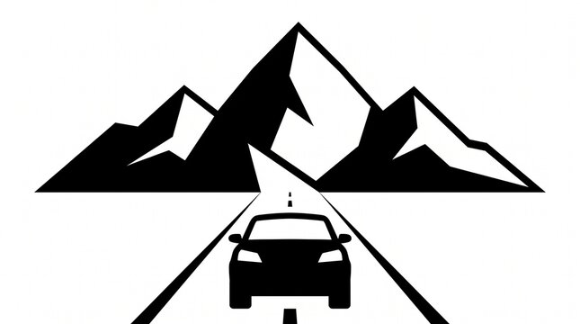 Mountain road with car silhouette and mountain peaks. Mountain landscape. 