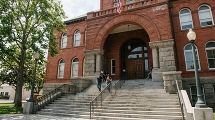 Fototapeta premium Historic Red Brick Courthouse Facade with Grand Staircase and People Descending