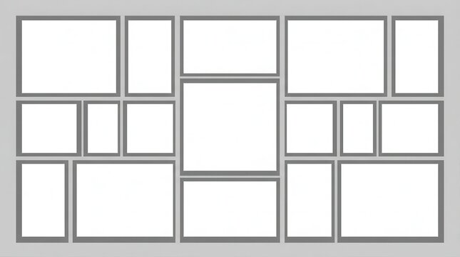 Modern 15 image photo collage grid template with empty geometric rectangle shapes.