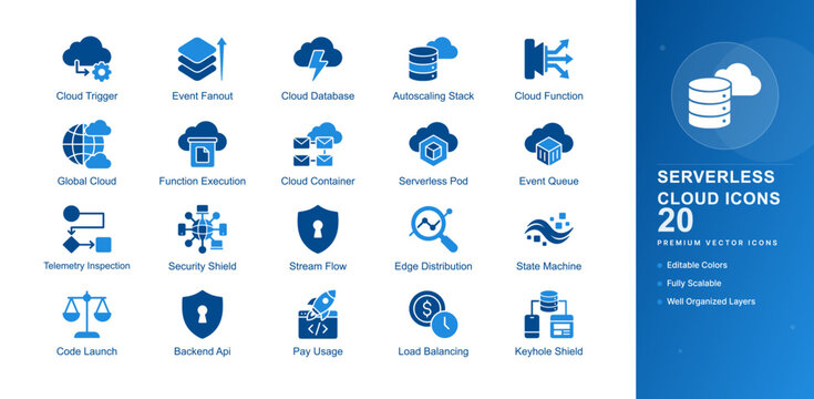 Serverless cloud computing icon set event backend function lambda infrastructure architecture microservice api vector flat isolated