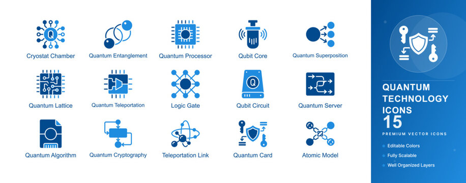 Quantum technology computing icon set processor qubit physics algorithm science computer chip hardware vector flat isolated