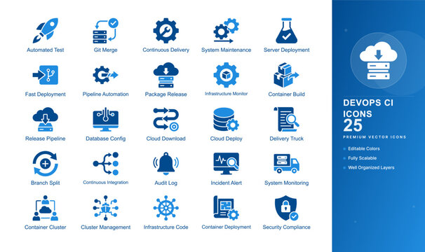 Devops ci cd icon set pipeline deployment continuous integration delivery server git automation vector flat isolated