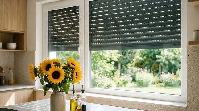 Sunflowers and glass bottles sit on a kitchen counter behind partially closed roller shutters.