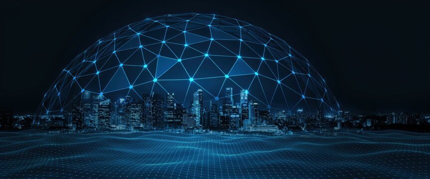 Digital network dome over a modern city