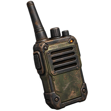 Post-apocalyptic survival walkie-talkie with rugged design and worn green surface, featuring multiple controls and functional antenna.