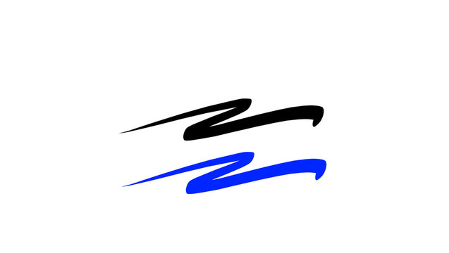 Black and blue abstract swoosh vector icon set, hand drawn brush stroke zigzag lines, dynamic flowing wave shape logo design element for sports and business branding