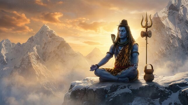 Hindu god Shiva meditating in a peaceful yoga pose before a snowy Himalayan mountain peak.
