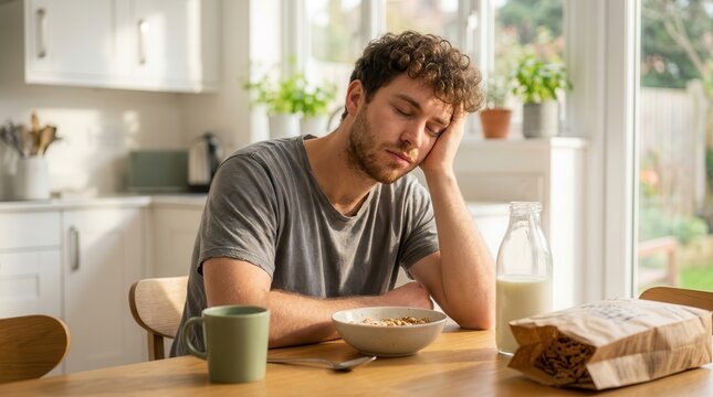 Exhausted man sleeping at the kitchen table during breakfast with cereal and coffee.