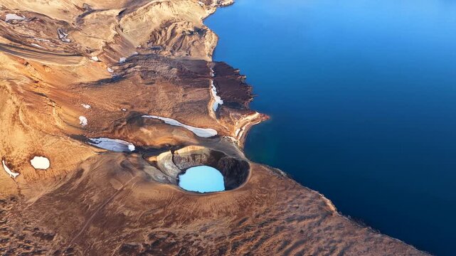 Aerial view of Askja caldera and Viti crater in Iceland.