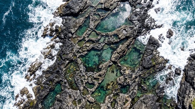 Aerial view of coastal tidal pools with intricate rock formations and seawater